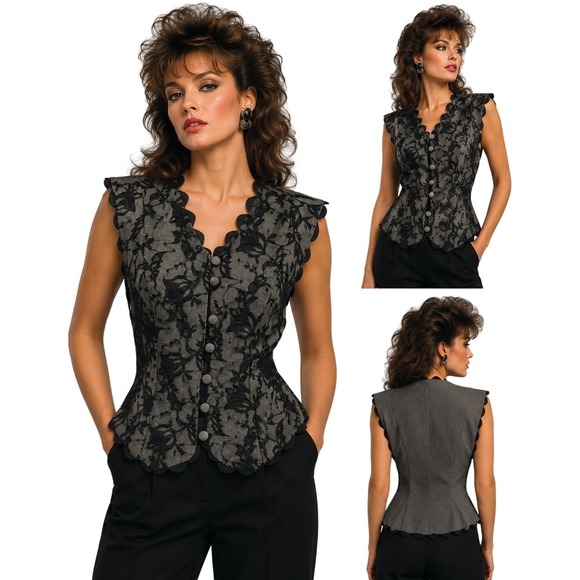 Jan Barboglio Jackets & Blazers - Vintage Jan Barboglio Women Vest Lace Overlay Black White Scalloped Top Size 10